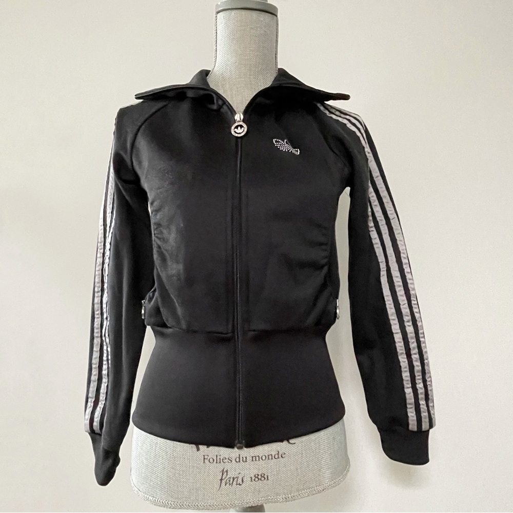 Adidas track jacket Y2K studded rhinestone firebird black crop length
